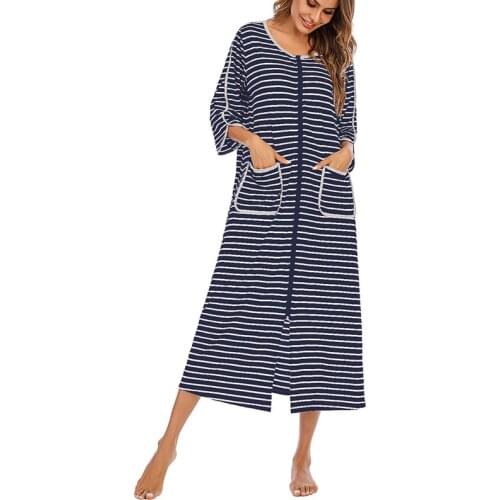 Womens Long Nightgown with Zipper Loungewear Night Dress Ladies Casual Loose Sleepwear Nightwear Home Clothes Dressing Gown