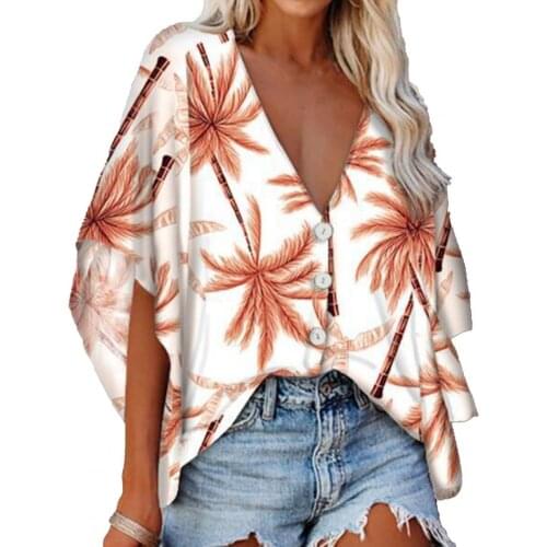 Summer Women T-Shirt Casual Coconut Tree Print Batwing Sleeve Tshirt Female V Neck Buttons Tee Shirt Office Lady T-Shirts