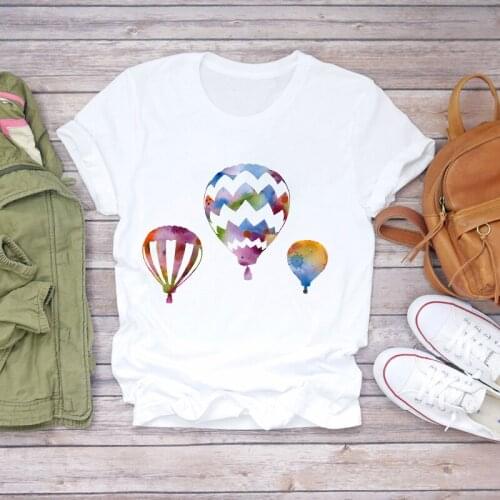 Women Cartoon Hot Balloon Travel Cute Printing Fashion Ladies Print Lady T-shirts Top Womens Stylish T Shirt Sweet Tee T-Shirt