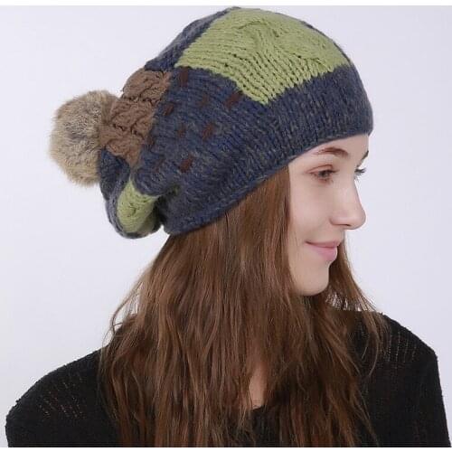 MingJieBiHuo Autumn and winter patch to do the old rabbit hair ball wool hat new pure hand-woven single layer warm women hat