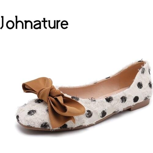 Johnature Ladies Shoes Flats Casual Polka Dot Women Shoes 2020 New Autumn Round Toe Butterfly-knot Slip-on Soft Woman Shoes