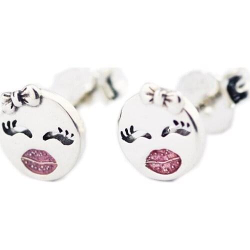 Authentic 925 Sterling Silver Earring Playful Winks Pink Enamel Stud Earrings for Women Fine Jewelry pendientes mujer