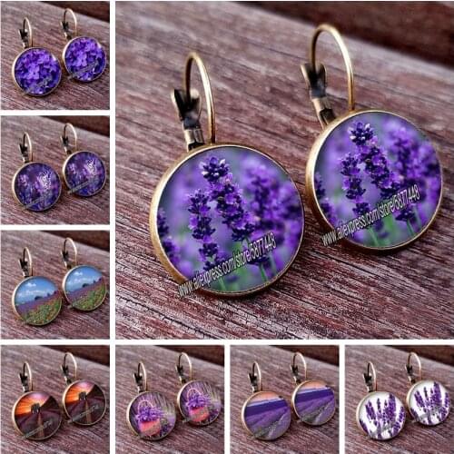 New Arrival Lavender Flower Women Stud Earring Purple Flower Glass Cabochon Womens Earrings