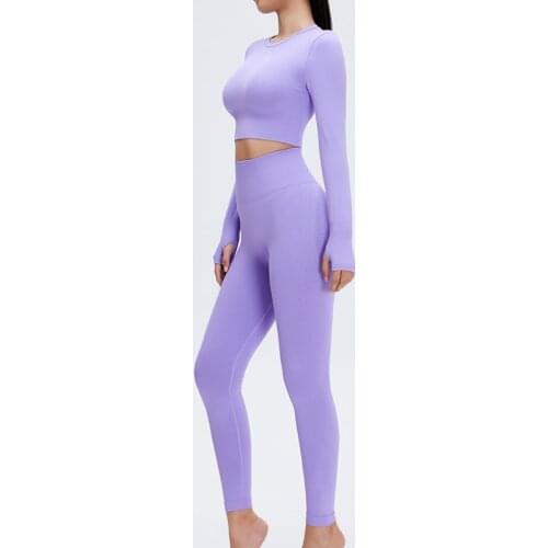 2PCS Seamless Women Yoga Set Workout Sportswear Gym Clothing Fitness Long Sleeve Crop Top High Waist Leggings Sports Suits