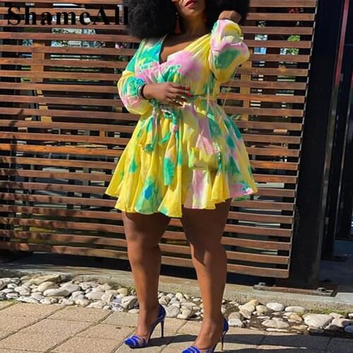 Plus Size Tie-dye Patchwork Ball Gown A-line Dress 5xl Boho Wrap V Neck Above Knee Ruffle Short Mini Dresses with Belt Vestido