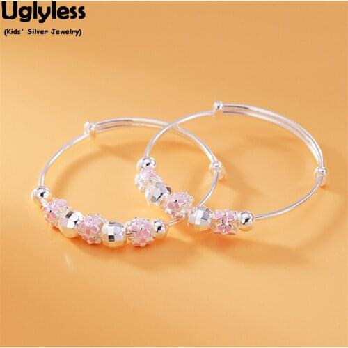 Uglyless 1Pair Enamel Sweet Pink Flowers Beading Bracelets for Baby Girls Real 99% Full Silver Push-pull Bracelets High-end Gift