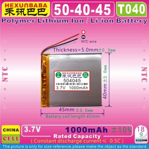 2pcs [T040] 3.7V 1000mAh [504045] NTC;THREE 3 WIRE;Polymer lithium ion / Li-ion battery for MP3;MOBILE,POWER BANK,MP4,cell phone
