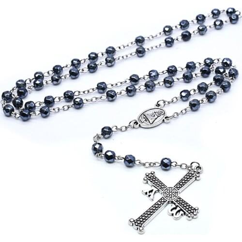 2021 New Style Black White Crystal Rosary Cross Necklaces Virgin Mary Pendant Retro Religious Prayer Jewelry