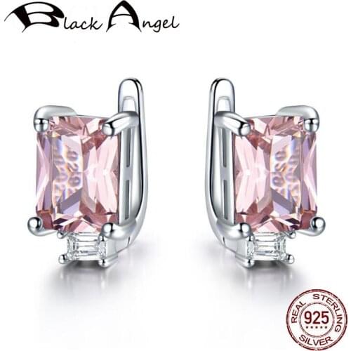 Authentic 925 Sterling Silver Pink Morganite Gemstone Clip Earrings For Women High Quality Bride Engagement CZ Ear Jewelry