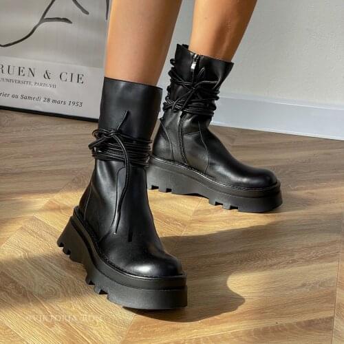 Kanseet Martin Boots 2021 Autumn Winter Black Round Toe Real Leather High Quality Chunky Heels Platform Zip Women Mid-Calf Boots