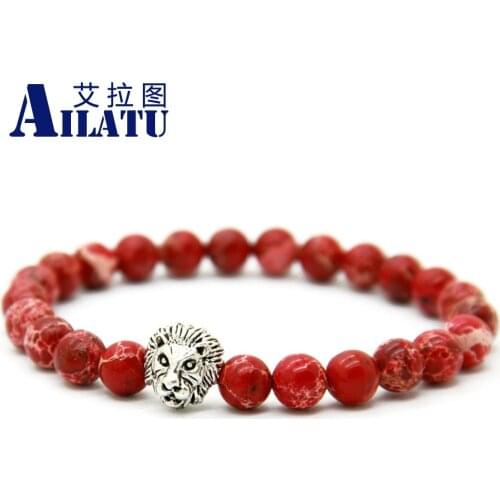 Ailatu Lion Head Bracelet 8mm Red Sea Sediment Stone Beads as Party Gift Masculinas Hombre Bracciali Men Elastic Bead Jewelry