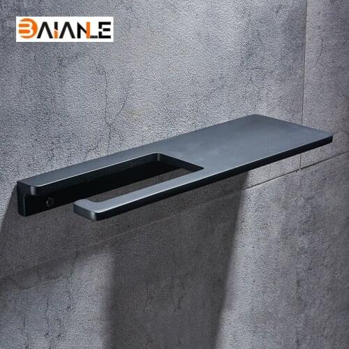 Toilet Paper Holder with Shelf Black Aluminum Roll Paper Holder Creative Mobile Phone Rack Wall Mount Bathroom Paper Towel Rack