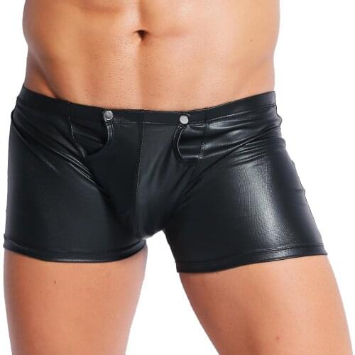 Men Patent Leather Shorts Sexy Black Back Zipper PU Leather Boxer Shorts Erotic Wet Look Lingerie Male DJ Fetish Club Wear
