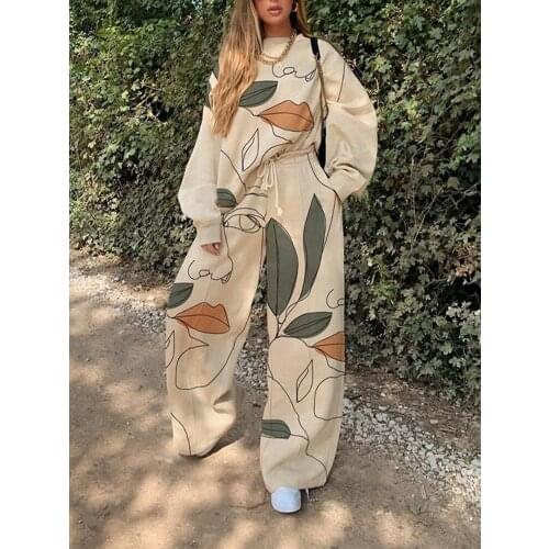 Aesthetic Tracksuit Female Two Piece Set Autumn Winter Sweatshirts Sweatpants Outfits Plus Size Print Streetwear Womens Clothes