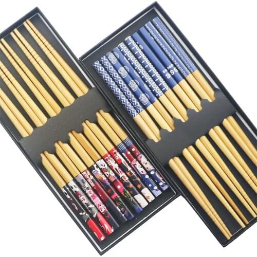 JANKNG 5 Pair 23.5cm Natural Wood Chopsticks Reusable Handmade Bamboo Japanese Sushi Hashi Chopstick Blue Red Chop sticks