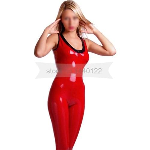 Neck in red and black strips sleeveless women latex catsuit no zip tight rubber jumpsuit handmade plus size custom made BNLC074