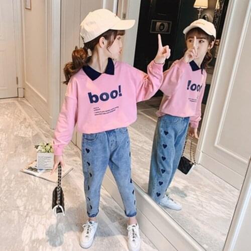 Fashionable Teens Clothes for Big Girls Age 6 8 10 12 14Yrs Sweatshirt + Heart Print Jeans Two Pieces Outfits New Style Clothing