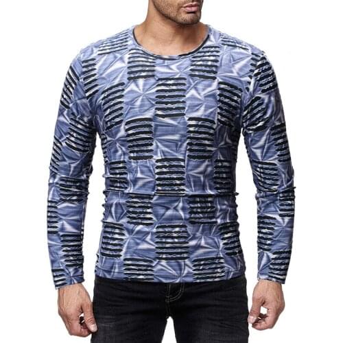 Mens T-Shirt Long Sleeve Round Neck Hollow Pullover T-Shirt with 3D Digital Printing Casual Hip Hop Nightclub Style Tops