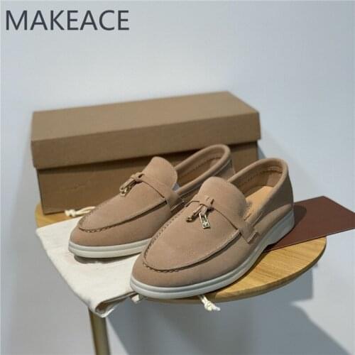 Brand Shoes For Women Round Toe Slip On Flat Mules Ladies Nude Blue Kid Suede Drive Shoes Metal Lock Decorate Loafers Woman New