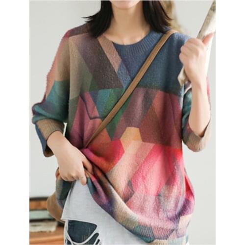Autumn Sweater Women Fashion Loose Knitting Pullovers 2019 New Tops O-Neck Print Geometric Mori girl Sweater Tops