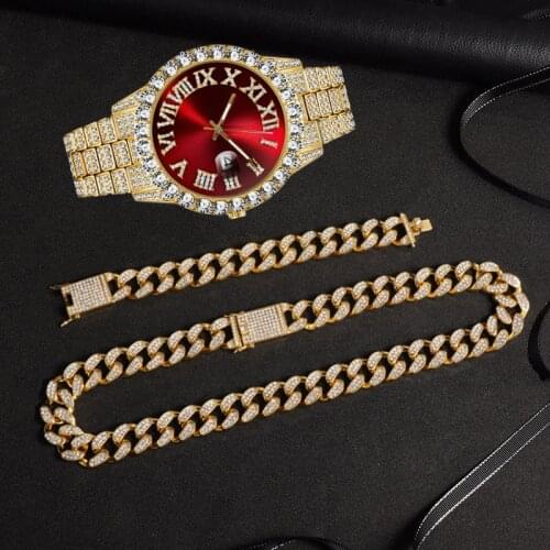 Full Iced Out Watch Bling Miami Cuban Link Chain Rhinestone Iced Out Chain Necklace Bracelet Set Jewelry Hip Hop Choker Cubana