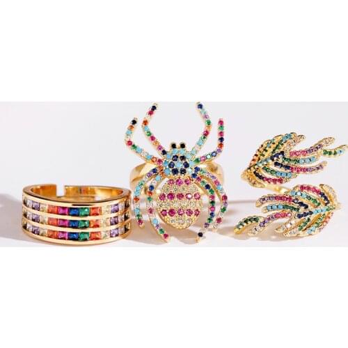 Luxury Insect Rainbow Zircon Rings Top-Quality Leaf Round Creative Style Females Party Wedding Jewelry
