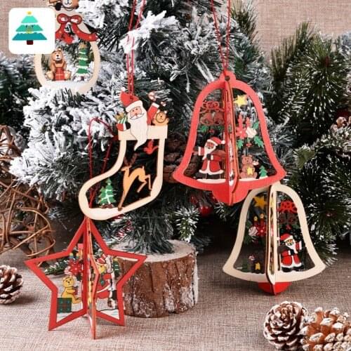 Christmas Decorations For Home Party New Year 4PC 6PC Christmas Ornament Wooden Hanging Pendants Star Xmas Tree Bell
