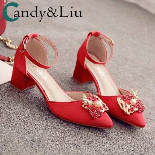 Crystal Traditional Wedding Dress Wedding Shoes Womens 2020 New Style Chunky High Heel Pointed Red Crystal Bridal Shoes