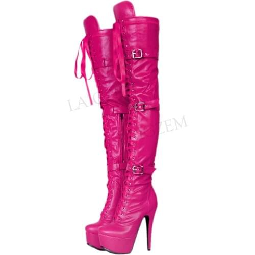 LAIGZEM Women Thigh High Boots Wide Calf Heels Faux Leather PUNK Party Boots Gothic Shoes Woman Botines Mujer Big Size 34-52