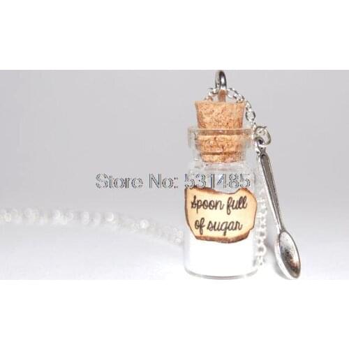 12pcs/lot Mary Poppins Handmade Glass Bottle Necklace spoon full of sugar message silver necklace