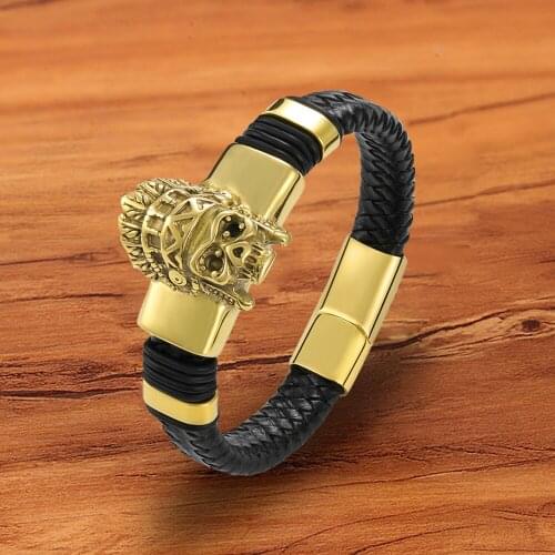 Charm Magnetic Gold Genuine Men Leather Bracelet Skull Male Rope Accessories Jewelry Woven Mental Bangles Wholesales Luxury