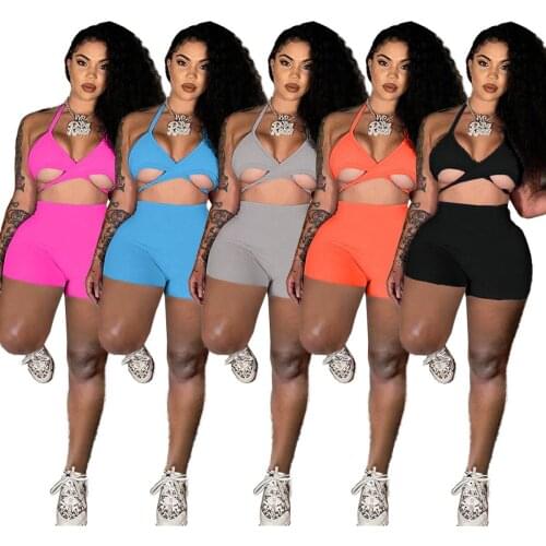Fitness Sporty 2 Piece Set Beach Wear Halter Criss-Cross Lace Up Bandage Crop Top and Biker Shorts Sets Solid Color Tracksuit