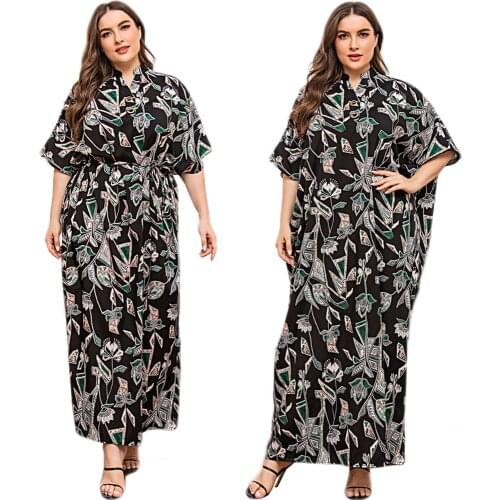 Loose Casual Muslim Floral Printed Long Dress Batwing Sleeve Arab Maxi Robe Gown Middle East Dubai Vintage Ethnic Summer Fashion