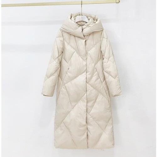 Warm down jacket straight female long white duck down 90% new 2020 zipper fashion solid color winter hooded pocket jacket