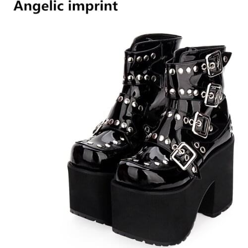 Angelic imprint mori girl Women motorcycle punk short boots lady lolita shoes woman princess high heels dress pumps rivet 13cm