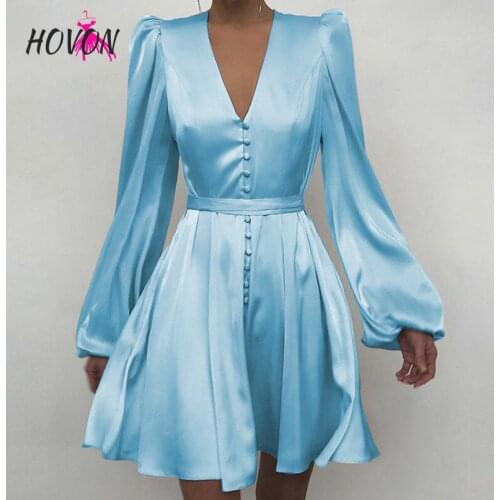 GINCCI Single Breasted Satin Mini Dress Women Lantern Sleeve Sexy Party Deep V-neck Bodycon Autumn Elegant A-line Ladies Dresses