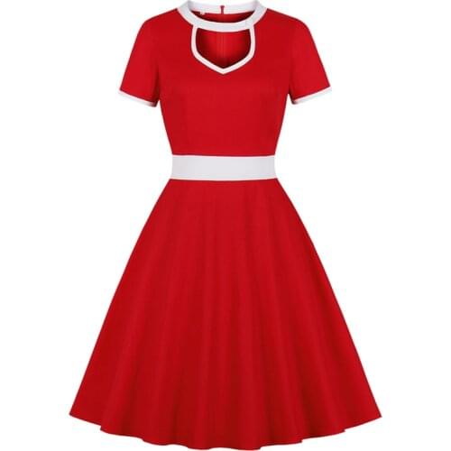 Holiday Cut Out Front Elegant Party Red Vintage Dresses for Women 2021 Short Sleeve A-Line Summer Cotton Retro Dress 50s 60s