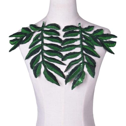 1Pc Sequins Green Leaves Patches Beaded Plant Leaf Applique Patches Iron On Clothing Appliques Parches Bordados Ropa