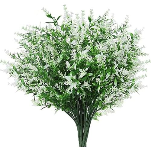 8 Bundles Artificial Lavender Flowers Outdoor Fake Flowers No Fade Faux Plastic Plants Garden Porch Window Box-White