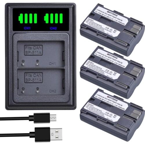 Batmax BP-511 BP-511A BP 511 Battery+LED USB Dual Charger with Type C Port for Canon EOS 40D 300D 5D 20D 30D 50D