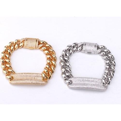 14mm Hip Hop AAA CZ Stone Paved Tag Bling Iced Out Round Cuban Curb Link Chain Bracelets Bangles for Men Rapper Jewelry