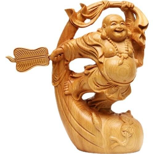 Thuja wood cloth bag Maitreya Buddha statue ，Chinese Buddha Statue Traditional hand carving Lovely home room decoration