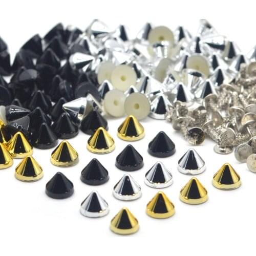 KALASO 100Sets Silver Gold Black Plated Acrylic Cone Punk Studs Rivets Spikes for Shoes Bag Garment Decoration 6.5x5mm