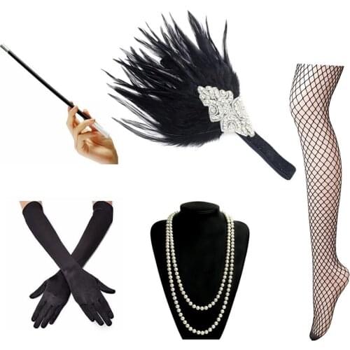 1920s Accessories Set Flapper Feather Headband Pearl Necklace Long Gloves Net Tights Cigarette Holder Gatsby Party Costume Set