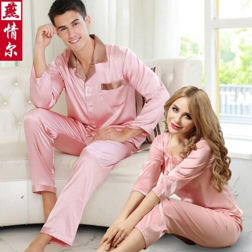 Adult Long-sleeved Pajamas Couples Silk Sleepwear 2pcs Suit Thin New Sexy Silk Plus Size Men and Women Leisure Homewear D-2159