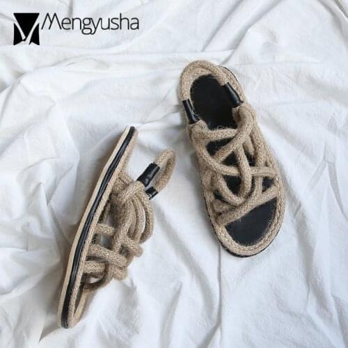 Famous brand rope sandals women patchwork straw flip flops cross-tied gladiator sandalias women lace up cutout slippers c404