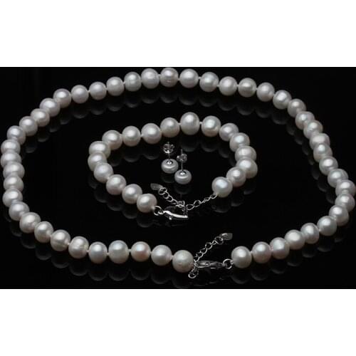 Wedding Real Natural Pearl Necklace Earring Set Women,white 925 Silver Freshwater Pearl Set Girl Bridal Birthday Gift
