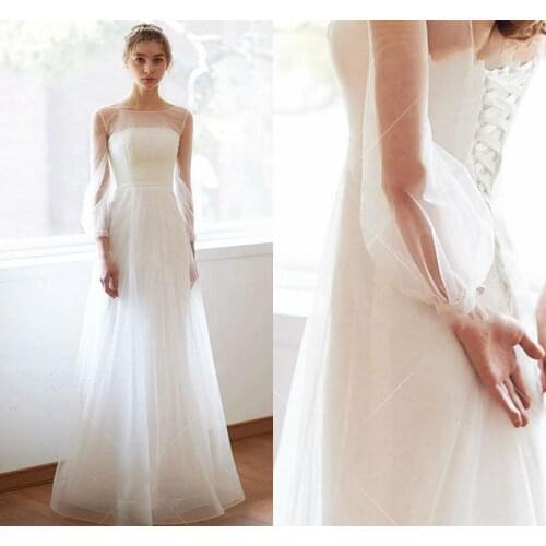 Ensotek New Boho Wedding Dresses 2020 Illusion Neck Puff Long Sleeves Bridal Gowns Backless Floor Length Vestido De Noiva