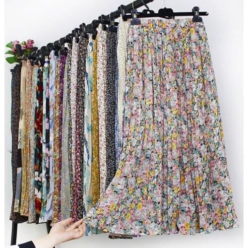 Women Summer Boho Chiffon Long Skirt Elegant Floral Print Pleated Skirts Elastic High Waist Casual Midi Skirt Women Clothes 2021