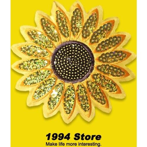 Yellow Chrysanthemum Flowers Sequin Heat-Adhesive Patches For Childrens Clothing DIY Embroidery Badge Fusible Sewing Stripes